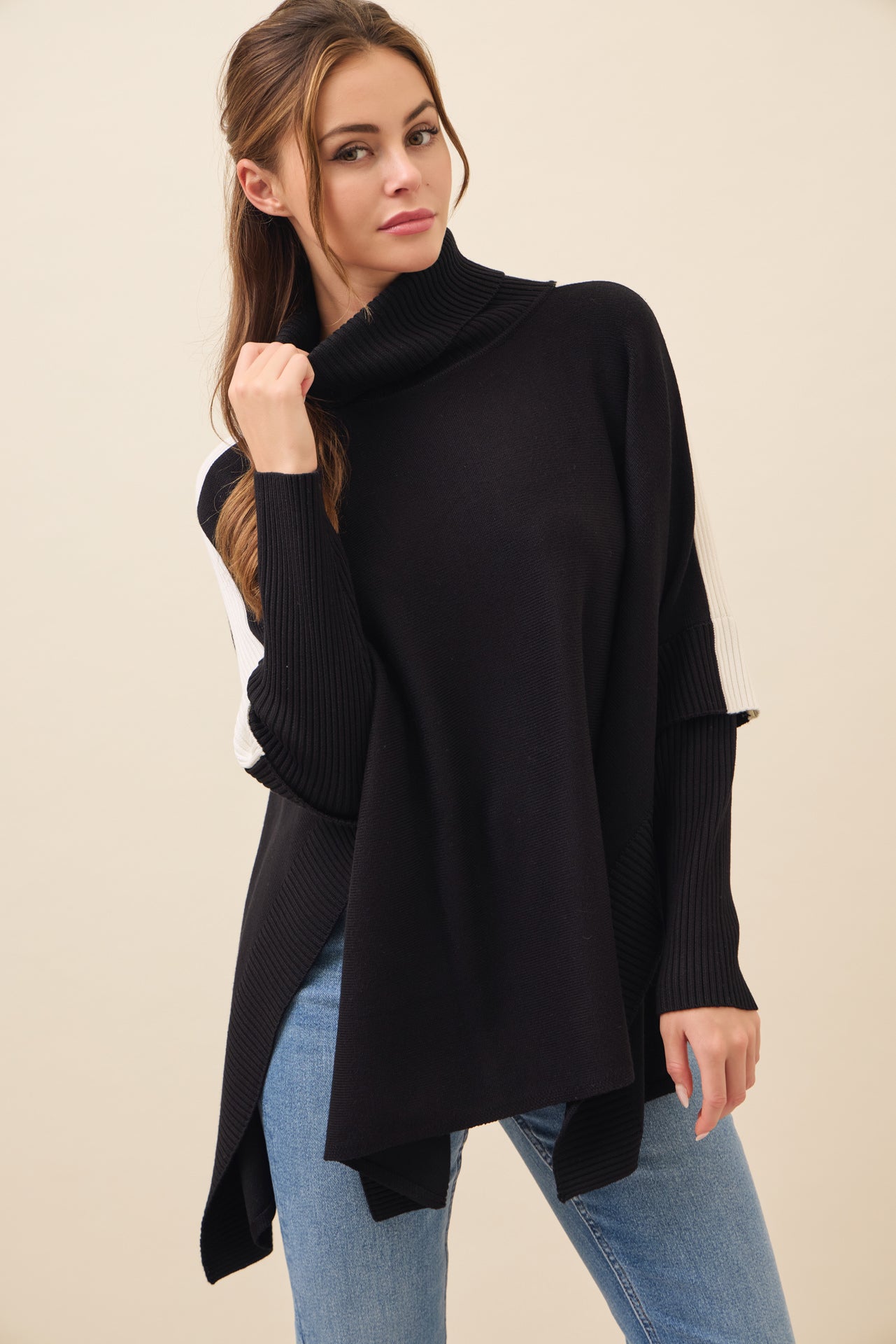 Reya Knit Poncho Turtle Neck Top