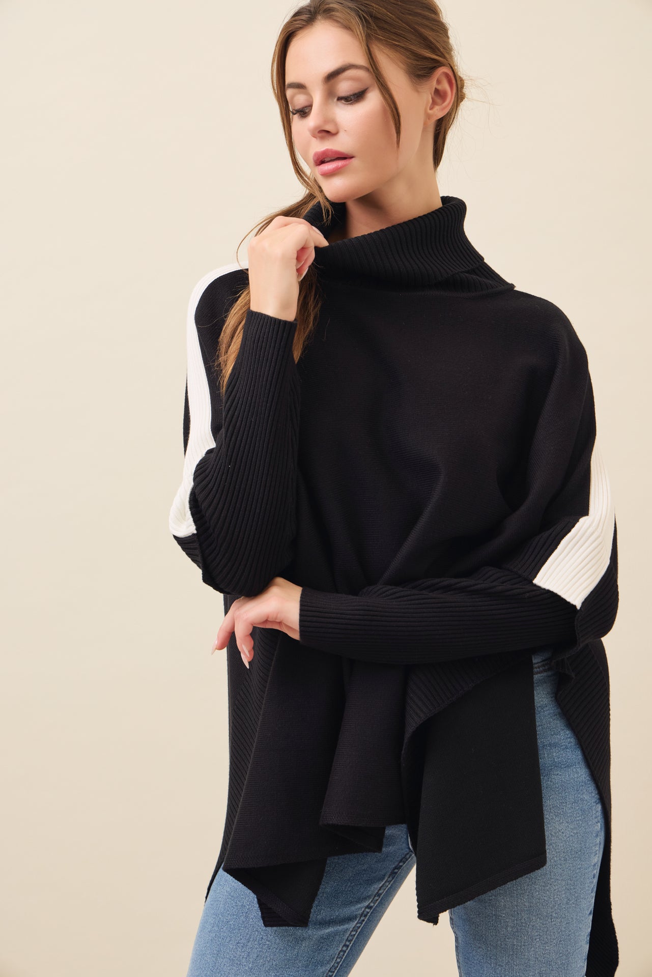 Reya Knit Poncho Turtle Neck Top