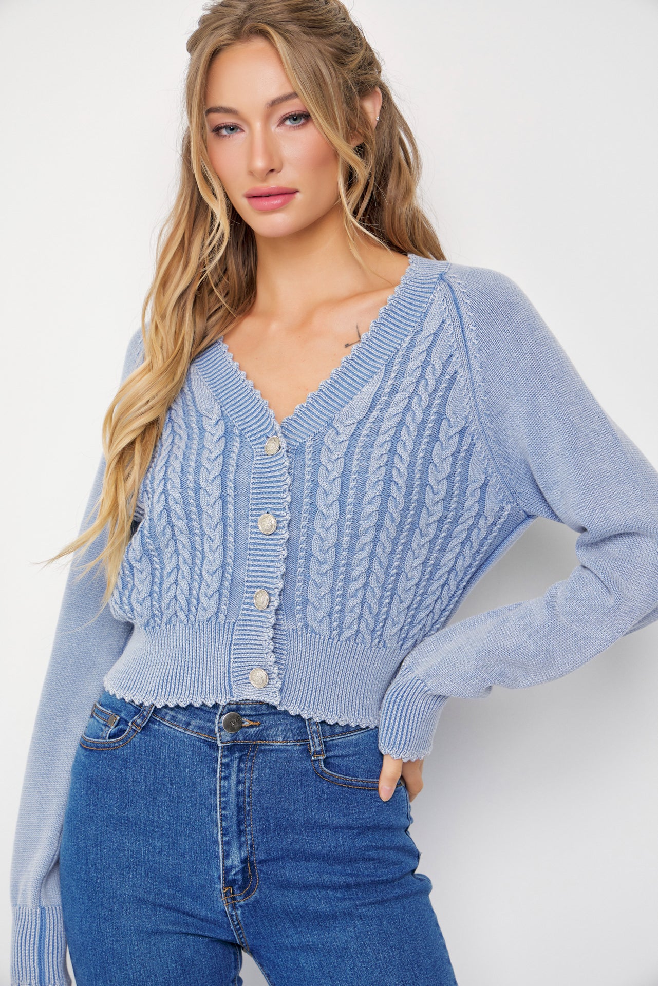 Washed Knit Cable Knit Cardigan