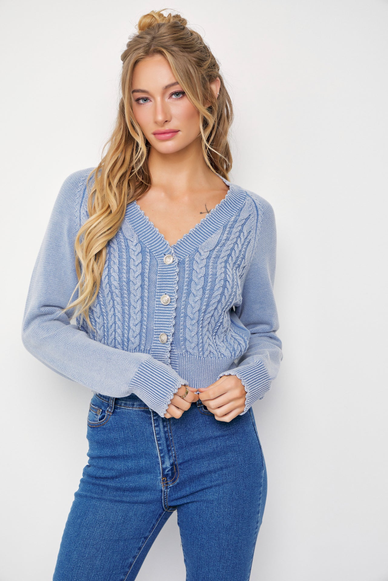 Washed Knit Cable Knit Cardigan