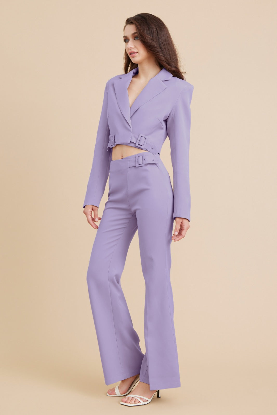 Woven Crop Blazer and Pants Set With Buckle Detail